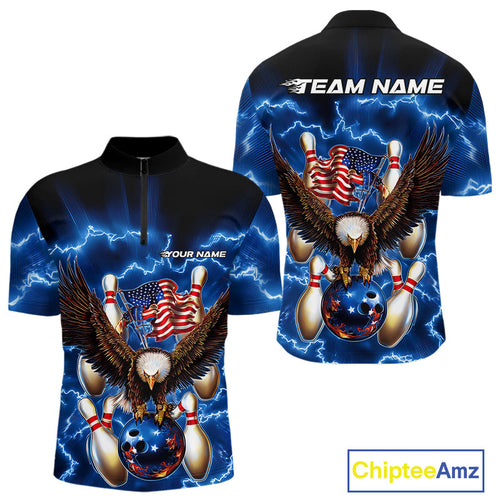 Custom Blue Lightning US Flag Eagle Bowling Team Quarter-Zip Shirts For Men, Patriotic Bowling IPHW9479
