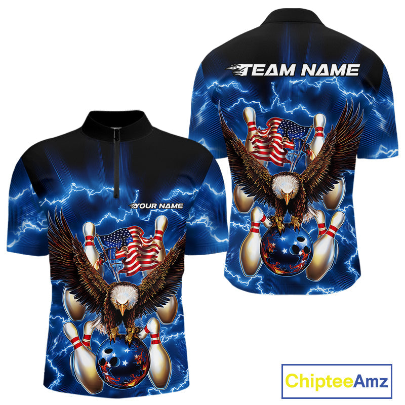 Custom Blue Lightning US Flag Eagle Bowling Team Quarter-Zip Shirts For Men, Patriotic Bowling IPHW9479