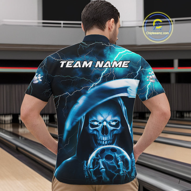 Custom Blue Thunder Lightning Grim Reaper Skull Halloween Bowling Quarter-Zip Shirts For Men IPHW9851