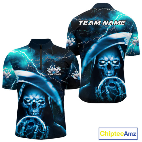 Custom Blue Thunder Lightning Grim Reaper Skull Halloween Bowling Quarter-Zip Shirts For Men IPHW9851