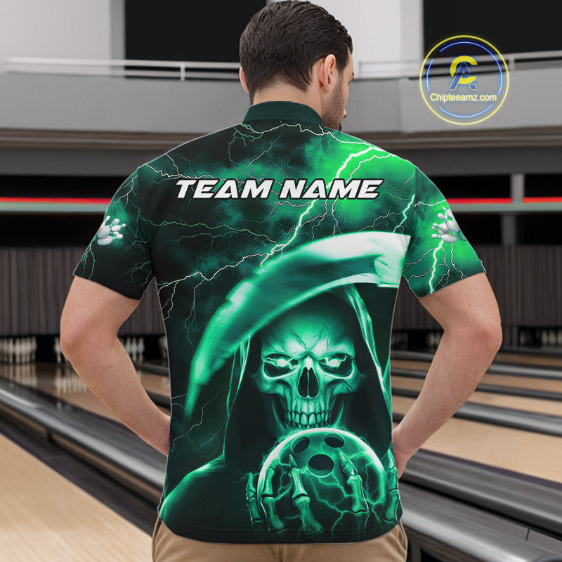 Custom Green Thunder Lightning Grim Reaper Skull Halloween Bowling Quarter-Zip Shirts For Men IPHW9852