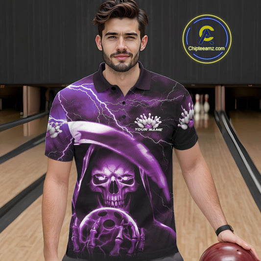 Custom Purple Thunder Lightning Grim Reaper Skull Halloween Bowling Polo Shirts For Men IPHW9853