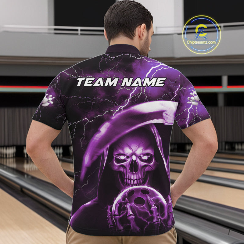 Custom Purple Thunder Lightning Grim Reaper Skull Halloween Bowling Quarter-Zip Shirts For Men IPHW9853