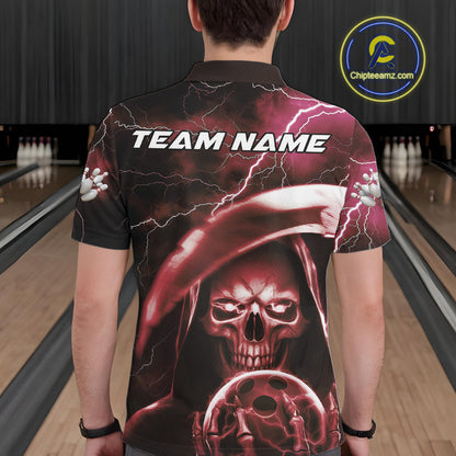Custom Red Thunder Lightning Grim Reaper Skull Halloween Bowling Polo Shirts For Men IPHW9854