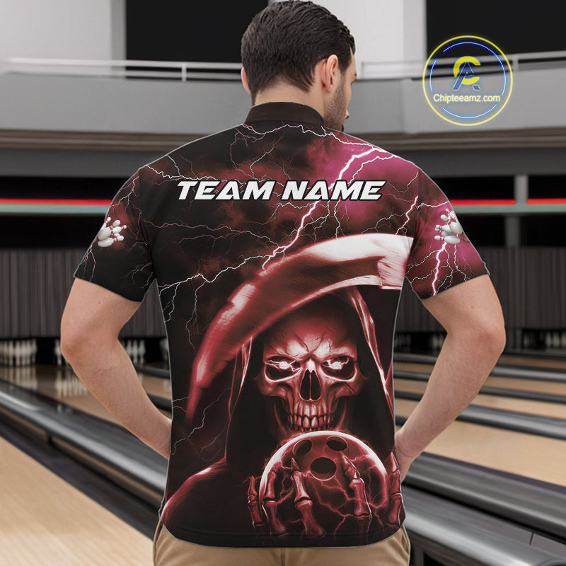 Custom Red Thunder Lightning Grim Reaper Skull Halloween Bowling Quarter-Zip Shirts For Men IPHW9854