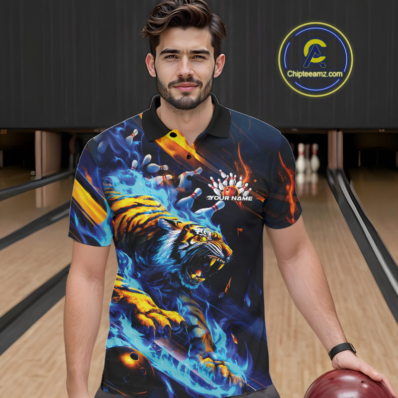 Custom Blue Fire Flame Tiger Bowling Team Polo Shirts For Men, Tiger Bowling Jerseys IPHW9482