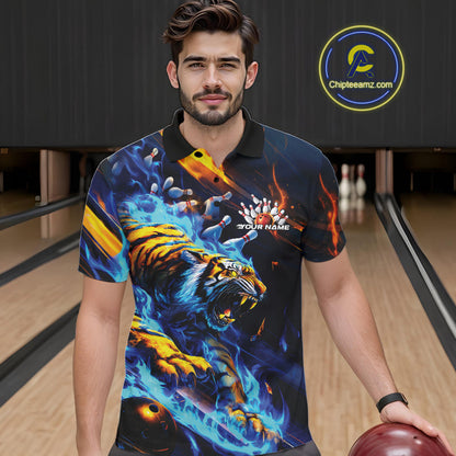 Custom Blue Fire Flame Tiger Bowling Team Polo Shirts For Men, Tiger Bowling Jerseys IPHW9482