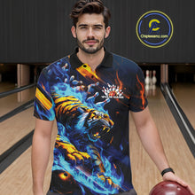 Load image into Gallery viewer, Custom Blue Fire Flame Tiger Bowling Team Polo Shirts For Men, Tiger Bowling Jerseys IPHW9482