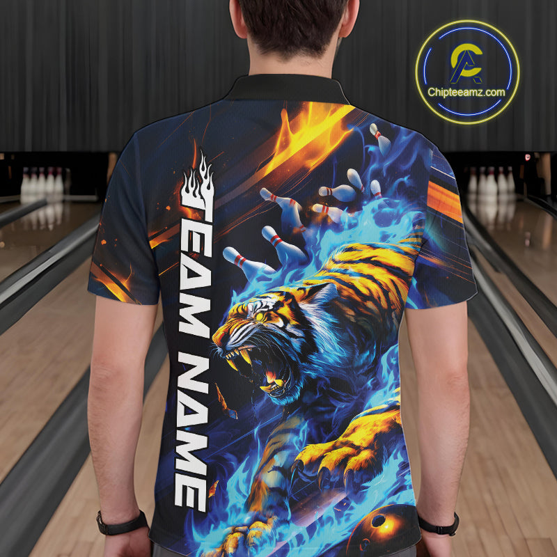 Custom Blue Fire Flame Tiger Bowling Team Polo Shirts For Men, Tiger Bowling Jerseys IPHW9482