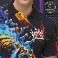 Load image into Gallery viewer, Custom Blue Fire Flame Tiger Bowling Team Polo Shirts For Men, Tiger Bowling Jerseys IPHW9482