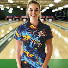 Load image into Gallery viewer, Custom Blue Fire Flame Tiger Bowling Team Polo Shirts For Women, Tiger Bowling Jerseys IPHW9482