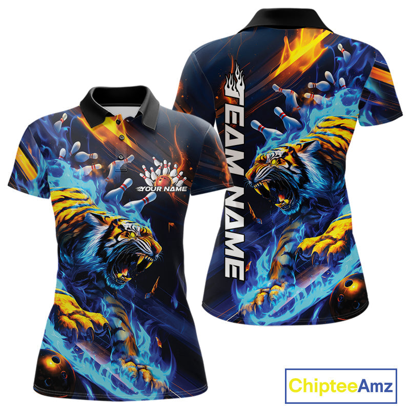 Custom Blue Fire Flame Tiger Bowling Team Polo Shirts For Women, Tiger Bowling Jerseys IPHW9482