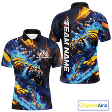 Load image into Gallery viewer, Custom Blue Fire Flame Tiger Bowling Team Polo Shirts For Men, Tiger Bowling Jerseys IPHW9482