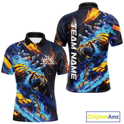 Custom Blue Fire Flame Tiger Bowling Team Polo Shirts For Men, Tiger Bowling Jerseys IPHW9482