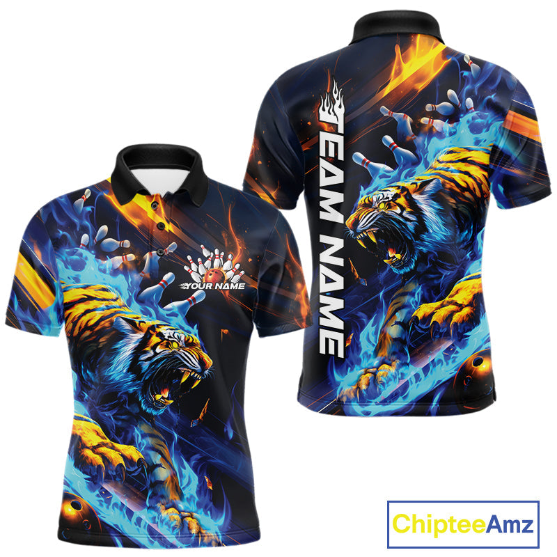 Custom Blue Fire Flame Tiger Bowling Team Polo Shirts For Men, Tiger Bowling Jerseys IPHW9482
