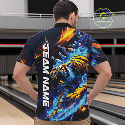 Custom Blue Fire Flame Tiger Bowling Team Quarter-Zip Shirts For Men, Tiger Bowling Jerseys IPHW9482