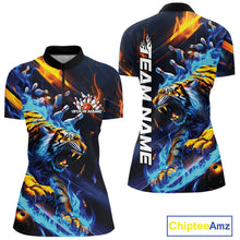 Load image into Gallery viewer, Custom Blue Fire Flame Tiger Bowling Team Women Quarter-Zip Shirts, Tiger Bowling Jerseys IPHW9482