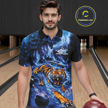 Load image into Gallery viewer, Custom Blue Fire Flame Tiger Bowling Team Polo Shirts For Men, Tiger Bowling Jerseys IPHW9484