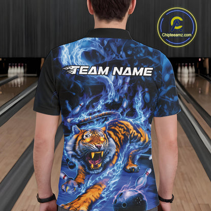Custom Blue Fire Flame Tiger Bowling Team Polo Shirts For Men, Tiger Bowling Jerseys IPHW9484