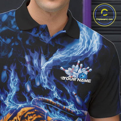Custom Blue Fire Flame Tiger Bowling Team Polo Shirts For Men, Tiger Bowling Jerseys IPHW9484