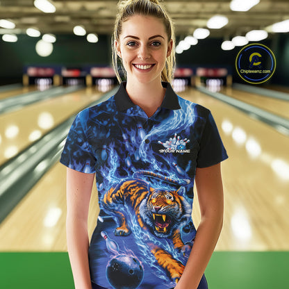 Custom Blue Fire Flame Tiger Bowling Team Polo Shirts For Women, Tiger Bowling Jerseys IPHW9484