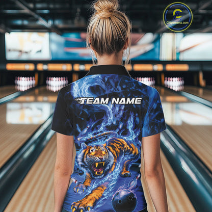 Custom Blue Fire Flame Tiger Bowling Team Polo Shirts For Women, Tiger Bowling Jerseys IPHW9484