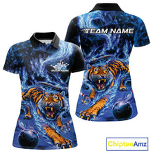 Load image into Gallery viewer, Custom Blue Fire Flame Tiger Bowling Team Polo Shirts For Women, Tiger Bowling Jerseys IPHW9484