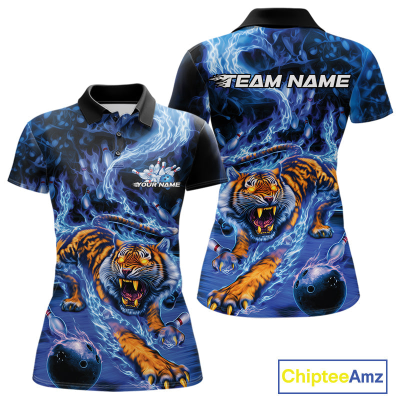 Custom Blue Fire Flame Tiger Bowling Team Polo Shirts For Women, Tiger Bowling Jerseys IPHW9484