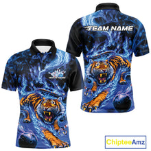 Load image into Gallery viewer, Custom Blue Fire Flame Tiger Bowling Team Polo Shirts For Men, Tiger Bowling Jerseys IPHW9484