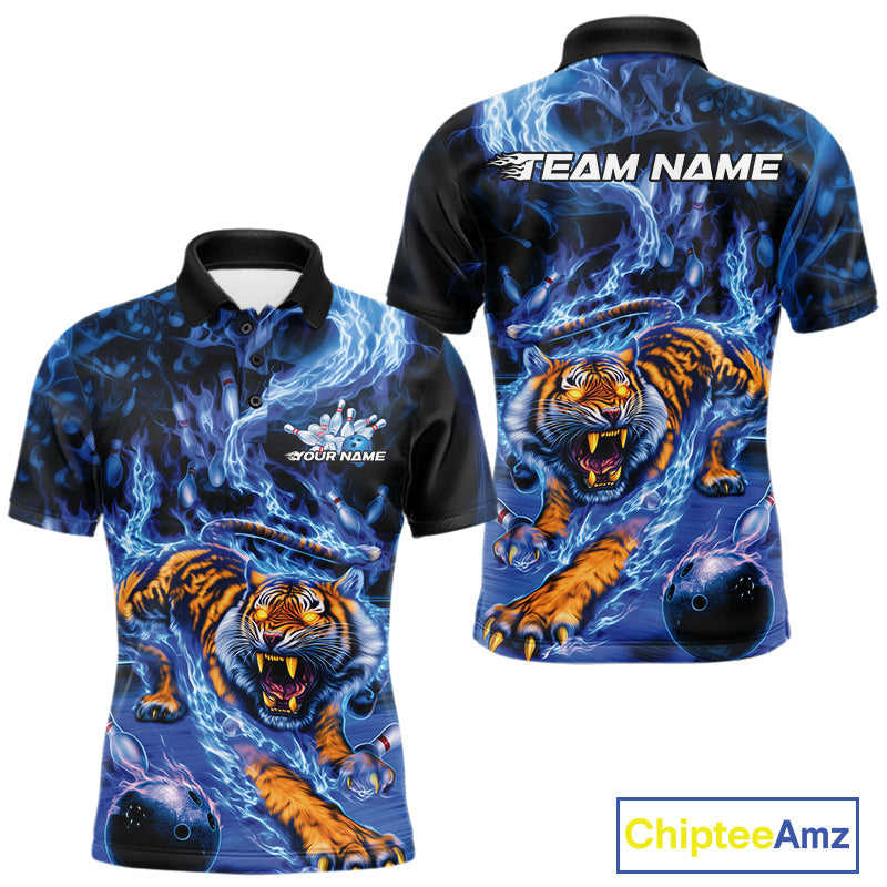 Custom Blue Fire Flame Tiger Bowling Team Polo Shirts For Men, Tiger Bowling Jerseys IPHW9484