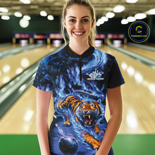 Load image into Gallery viewer, Custom Blue Fire Flame Tiger Bowling Team Women Quarter-Zip Shirts, Tiger Bowling Jerseys IPHW9484