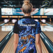 Load image into Gallery viewer, Custom Blue Fire Flame Tiger Bowling Team Women Quarter-Zip Shirts, Tiger Bowling Jerseys IPHW9484