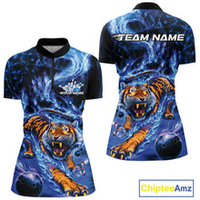 Load image into Gallery viewer, Custom Blue Fire Flame Tiger Bowling Team Women Quarter-Zip Shirts, Tiger Bowling Jerseys IPHW9484
