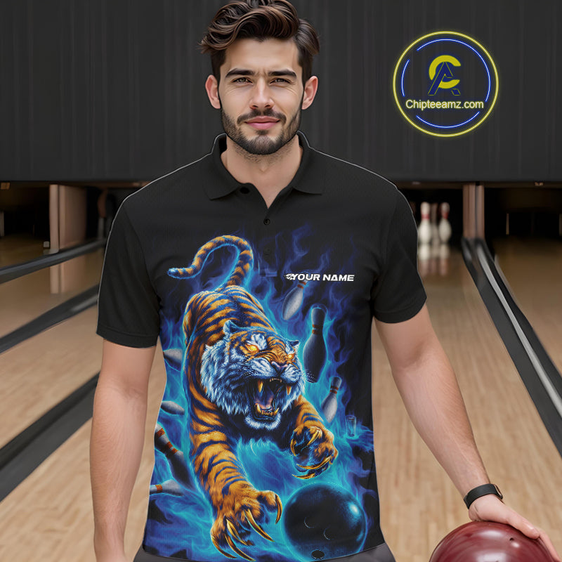 Custom Blue Fire Flame Tiger Bowling Team Polo Shirts For Men, Tiger Bowling Jerseys IPHW9485