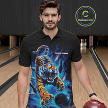 Load image into Gallery viewer, Custom Blue Fire Flame Tiger Bowling Team Polo Shirts For Men, Tiger Bowling Jerseys IPHW9485