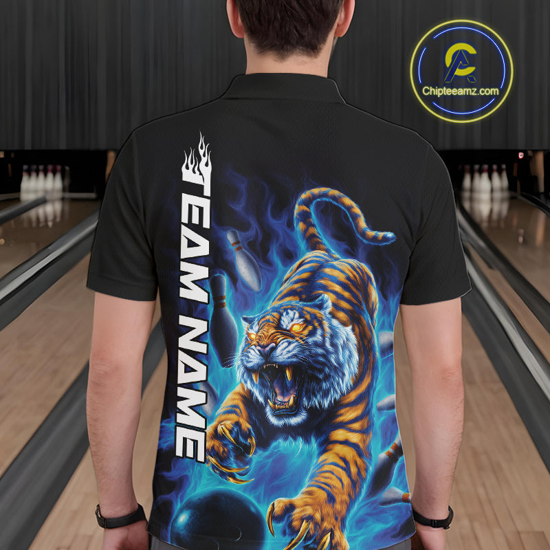 Custom Blue Fire Flame Tiger Bowling Team Polo Shirts For Men, Tiger Bowling Jerseys IPHW9485