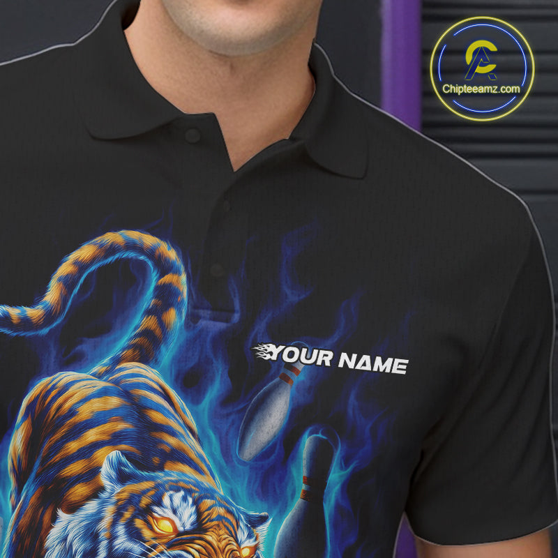 Custom Blue Fire Flame Tiger Bowling Team Polo Shirts For Men, Tiger Bowling Jerseys IPHW9485