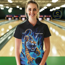 Load image into Gallery viewer, Custom Blue Fire Flame Tiger Bowling Team Polo Shirts For Women, Tiger Bowling Jerseys IPHW9485