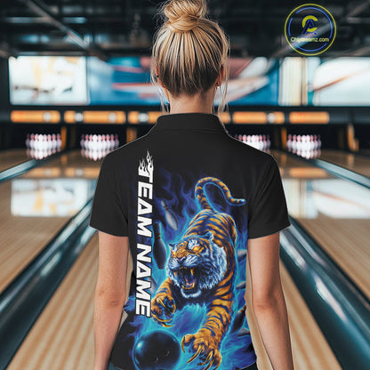 Custom Blue Fire Flame Tiger Bowling Team Polo Shirts For Women, Tiger Bowling Jerseys IPHW9485