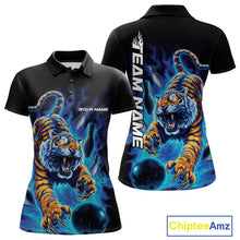 Load image into Gallery viewer, Custom Blue Fire Flame Tiger Bowling Team Polo Shirts For Women, Tiger Bowling Jerseys IPHW9485