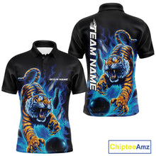 Load image into Gallery viewer, Custom Blue Fire Flame Tiger Bowling Team Polo Shirts For Men, Tiger Bowling Jerseys IPHW9485