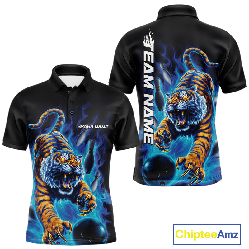 Custom Blue Fire Flame Tiger Bowling Team Polo Shirts For Men, Tiger Bowling Jerseys IPHW9485