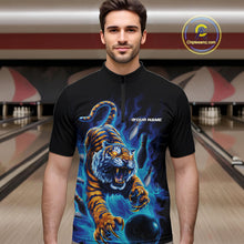 Load image into Gallery viewer, Custom Blue Fire Flame Tiger Bowling Team Quarter-Zip Shirts For Men, Tiger Bowling Jerseys IPHW9485
