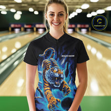 Load image into Gallery viewer, Custom Blue Fire Flame Tiger Bowling Team Women Quarter-Zip Shirts, Tiger Bowling Jerseys IPHW9485