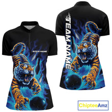 Load image into Gallery viewer, Custom Blue Fire Flame Tiger Bowling Team Women Quarter-Zip Shirts, Tiger Bowling Jerseys IPHW9485