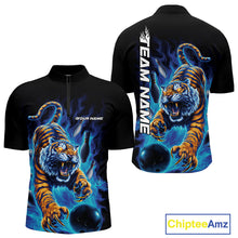 Load image into Gallery viewer, Custom Blue Fire Flame Tiger Bowling Team Quarter-Zip Shirts For Men, Tiger Bowling Jerseys IPHW9485