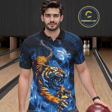 Load image into Gallery viewer, Custom Blue Fire Flame Tiger Bowling Team Polo Shirts For Men, Tiger Bowling Jerseys IPHW9486