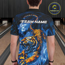 Load image into Gallery viewer, Custom Blue Fire Flame Tiger Bowling Team Polo Shirts For Men, Tiger Bowling Jerseys IPHW9486