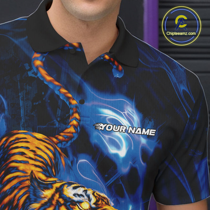 Custom Blue Fire Flame Tiger Bowling Team Polo Shirts For Men, Tiger Bowling Jerseys IPHW9486