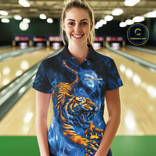 Load image into Gallery viewer, Custom Blue Fire Flame Tiger Bowling Team Polo Shirts For Women, Tiger Bowling Jerseys IPHW9486